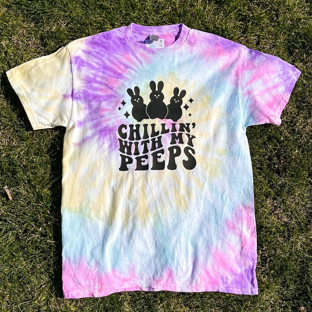 Adult Medium Chillin with my Peeps Pastel Spiral Tie-Dye Short Sleeve Shirt